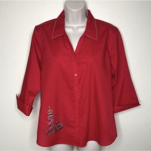 NWT Las Olas Crisp Red Lighthouse Rhinestone Collar 3/4 Sleeve Blouse Small - Picture 13 of 13